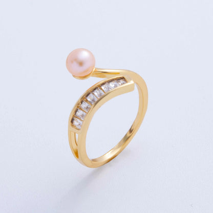 18K Gold Filled White, Pink Shell Pearl Baguette Curved Band Ring | O2027 O2028
