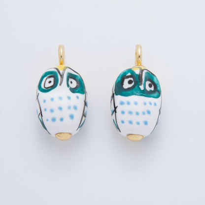 18K Gold Filled White, Red, Yellow, Green Owl Bird Animal Ceramic Drop Pendant | AF696 AF697