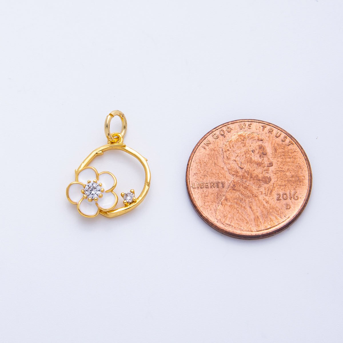 18K Gold Filled14mm CZ White Enamel Flower Open Round Charm | Charms-00410