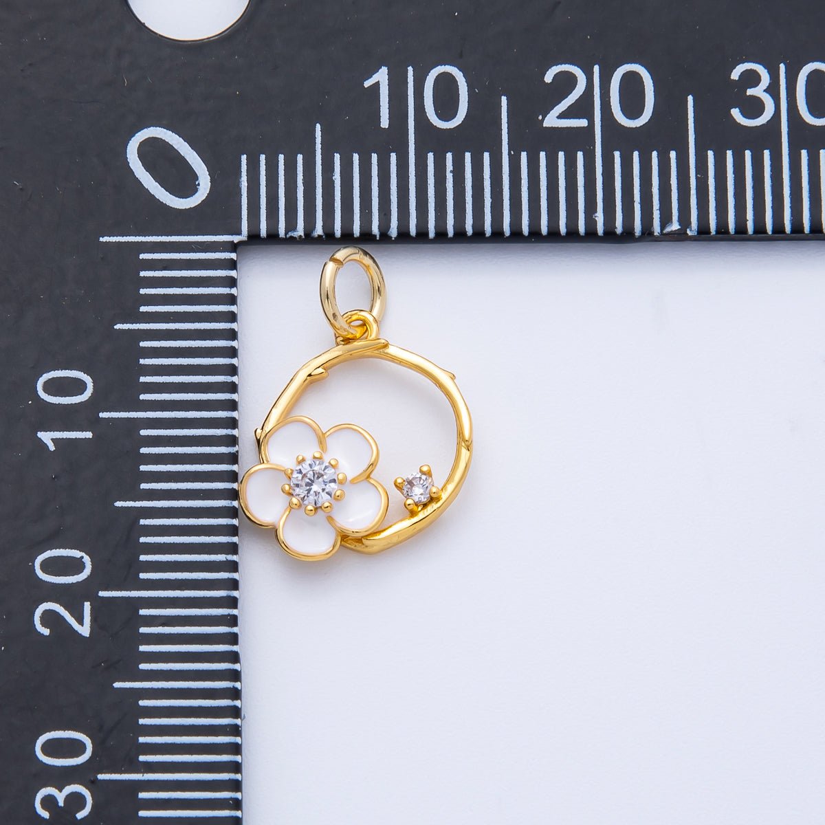 18K Gold Filled14mm CZ White Enamel Flower Open Round Charm | Charms-00410