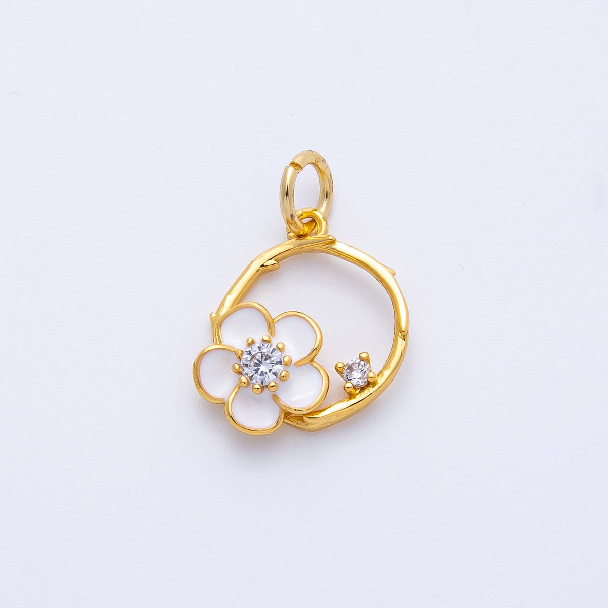 18K Gold Filled14mm CZ White Enamel Flower Open Round Charm | Charms-00410