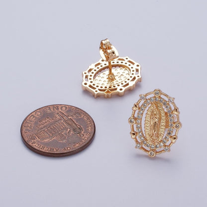 18K Gold Heart Round Micro Paved CZ Lady Guadalupe Virgin Mary Religious Stud Earrings | AE1052