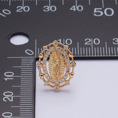 18K Gold Heart Round Micro Paved CZ Lady Guadalupe Virgin Mary Religious Stud Earrings | AE1052