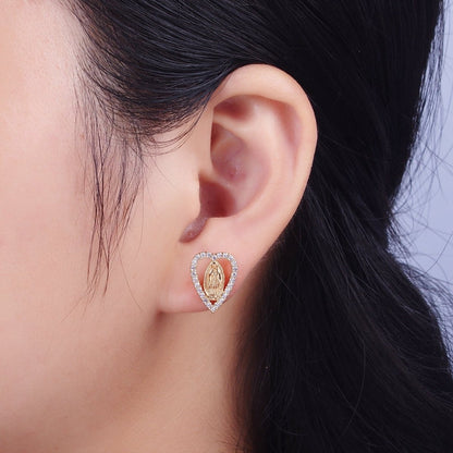 18K Gold Micro Paved Heart Outline Mother Virgin Mary Religious Stud Earrings | AE-1048
