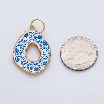 18K Gold Plated 34mm Blue Enamel Donut Floral Charm | AF1420