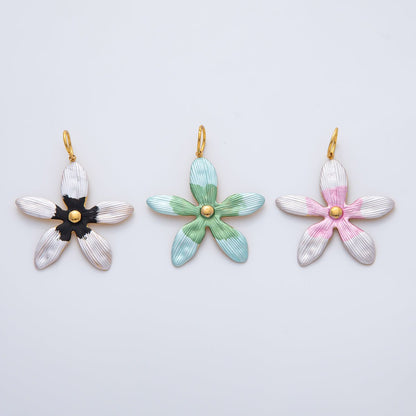 18K Gold Plated 41mm Black, Green, Pink Enamel Flower Charm | AF1424 AF1425