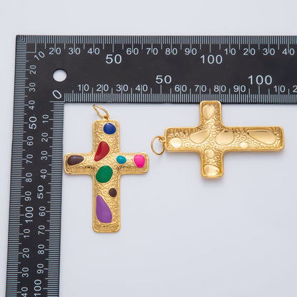 18K Gold Plated 63mm Blue, Multicolor Enamel Patterned Christian Cross Charm | AF1423