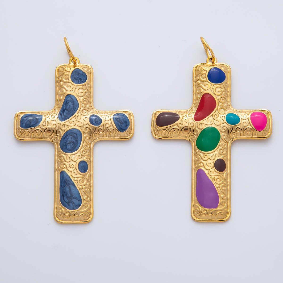 18K Gold Plated 63mm Blue, Multicolor Enamel Patterned Christian Cross Charm | AF1423