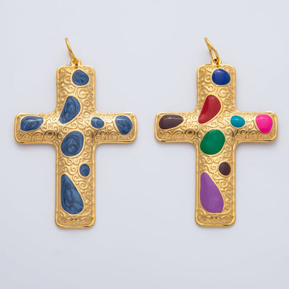 18K Gold Plated 63mm Blue, Multicolor Enamel Patterned Christian Cross Charm | AF1423