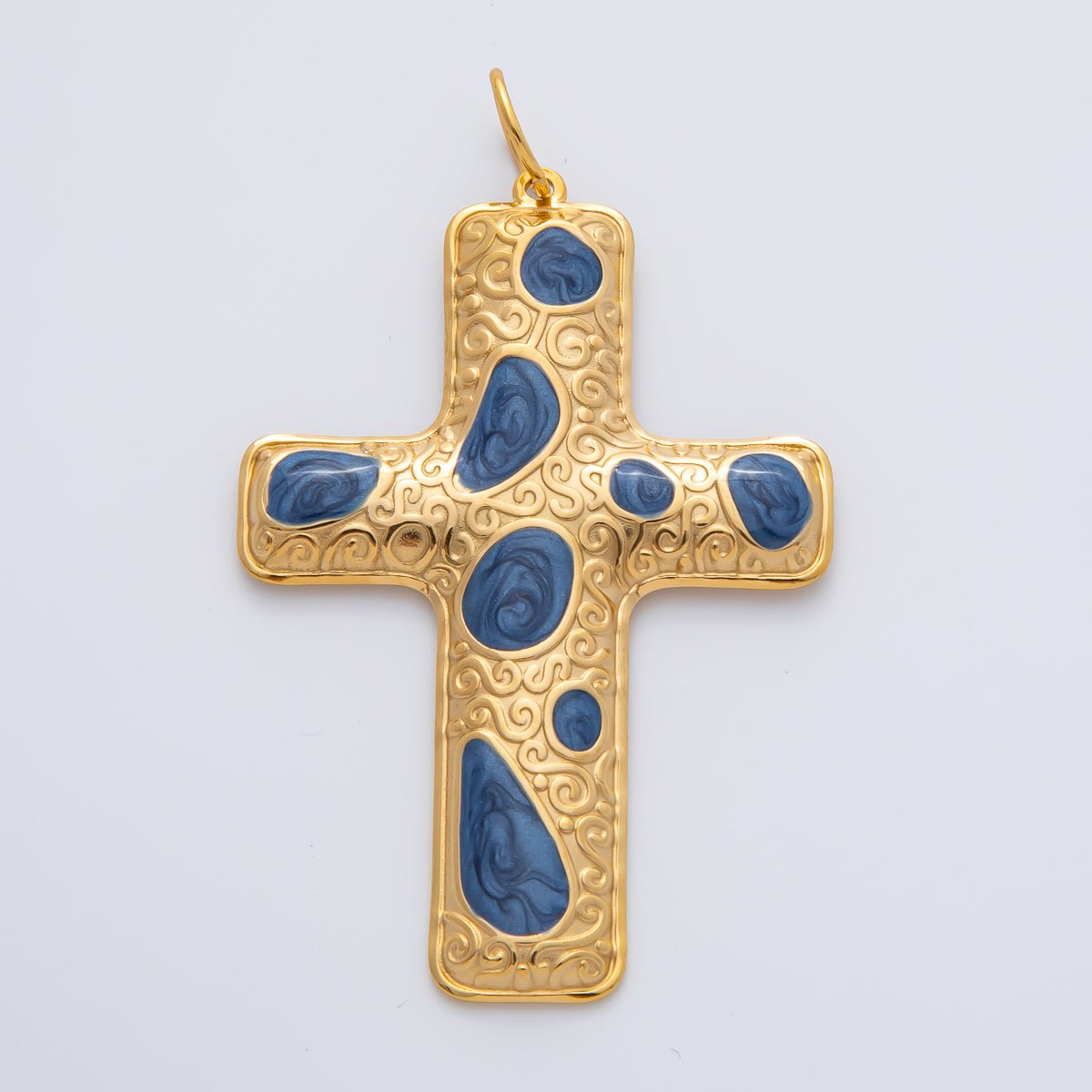 18K Gold Plated 63mm Blue, Multicolor Enamel Patterned Christian Cross Charm | AF1423