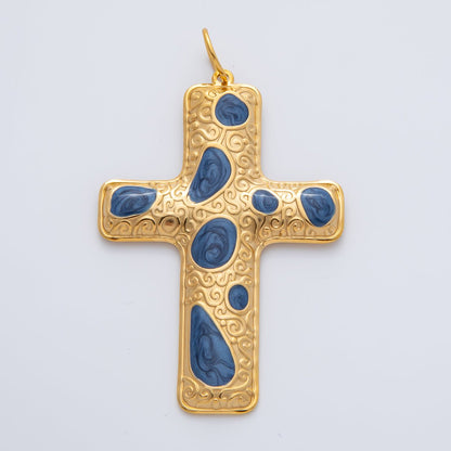 18K Gold Plated 63mm Blue, Multicolor Enamel Patterned Christian Cross Charm | AF1423