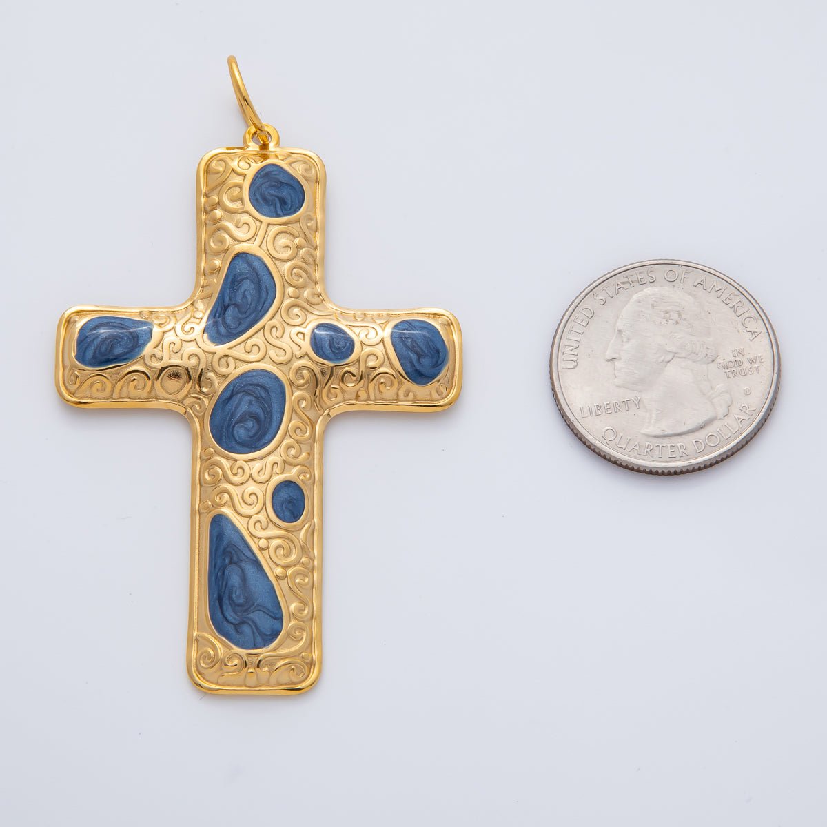 18K Gold Plated 63mm Blue, Multicolor Enamel Patterned Christian Cross Charm | AF1423