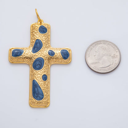 18K Gold Plated 63mm Blue, Multicolor Enamel Patterned Christian Cross Charm | AF1423