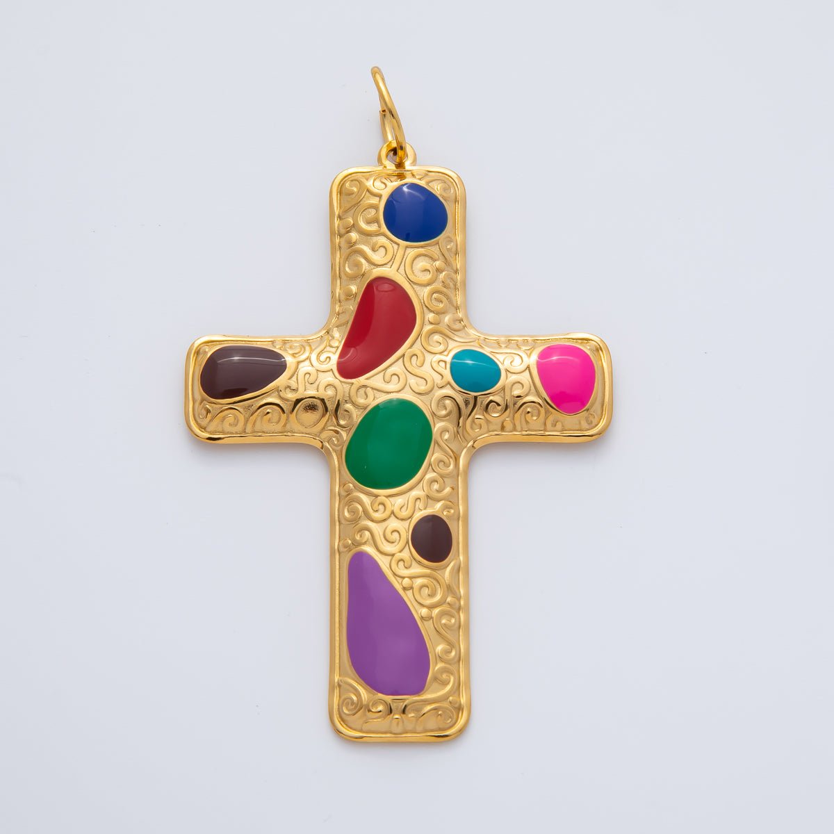 18K Gold Plated 63mm Blue, Multicolor Enamel Patterned Christian Cross Charm | AF1423