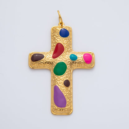 18K Gold Plated 63mm Blue, Multicolor Enamel Patterned Christian Cross Charm | AF1423