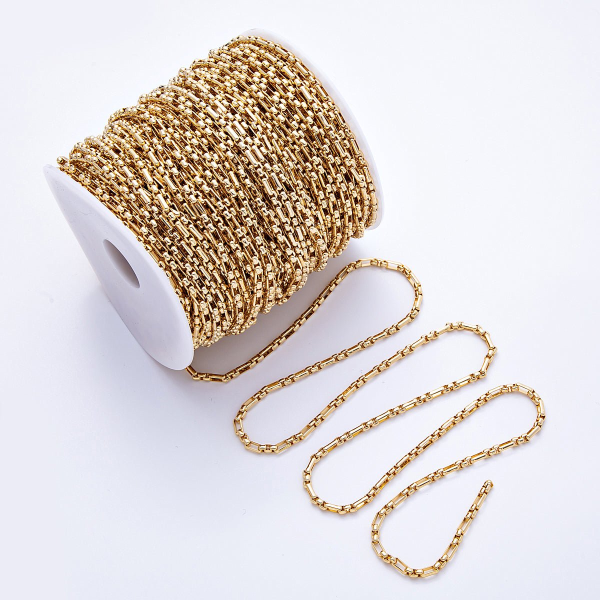 18K Gold PVD Stainless Steel 3mm Rectangular Paperclip Box Unfinished Chain by Yard | Roll-01837