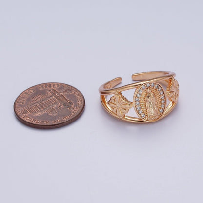 18K Gold Religious Micro Paved CZ Mother Virgin Mary Flowers Wide Ring | O-1993