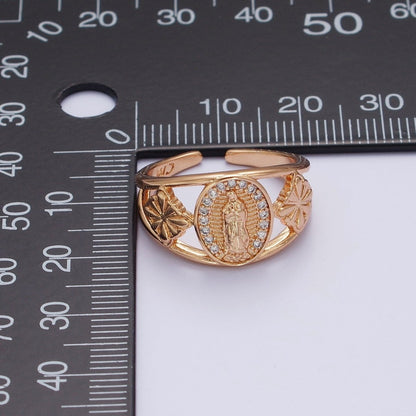 18K Gold Religious Micro Paved CZ Mother Virgin Mary Flowers Wide Ring | O-1993