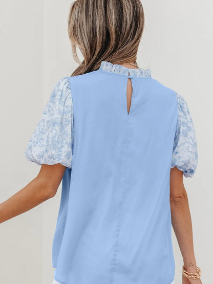 Lace Insert Floral Puff Sleeve Patchwork Loose Blouse