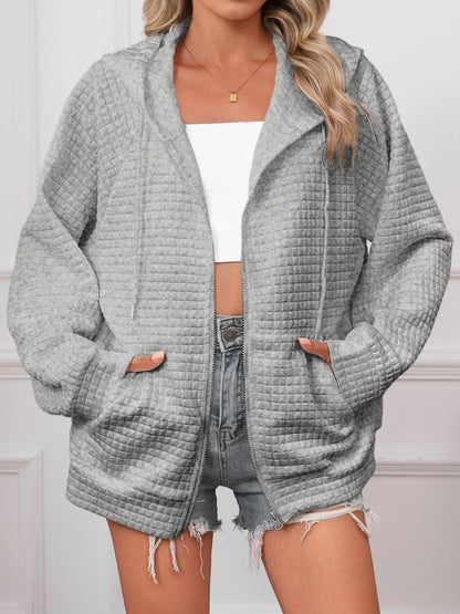 Full Size Textured Quilted Zip-Up Hooded Jacket Plus Size