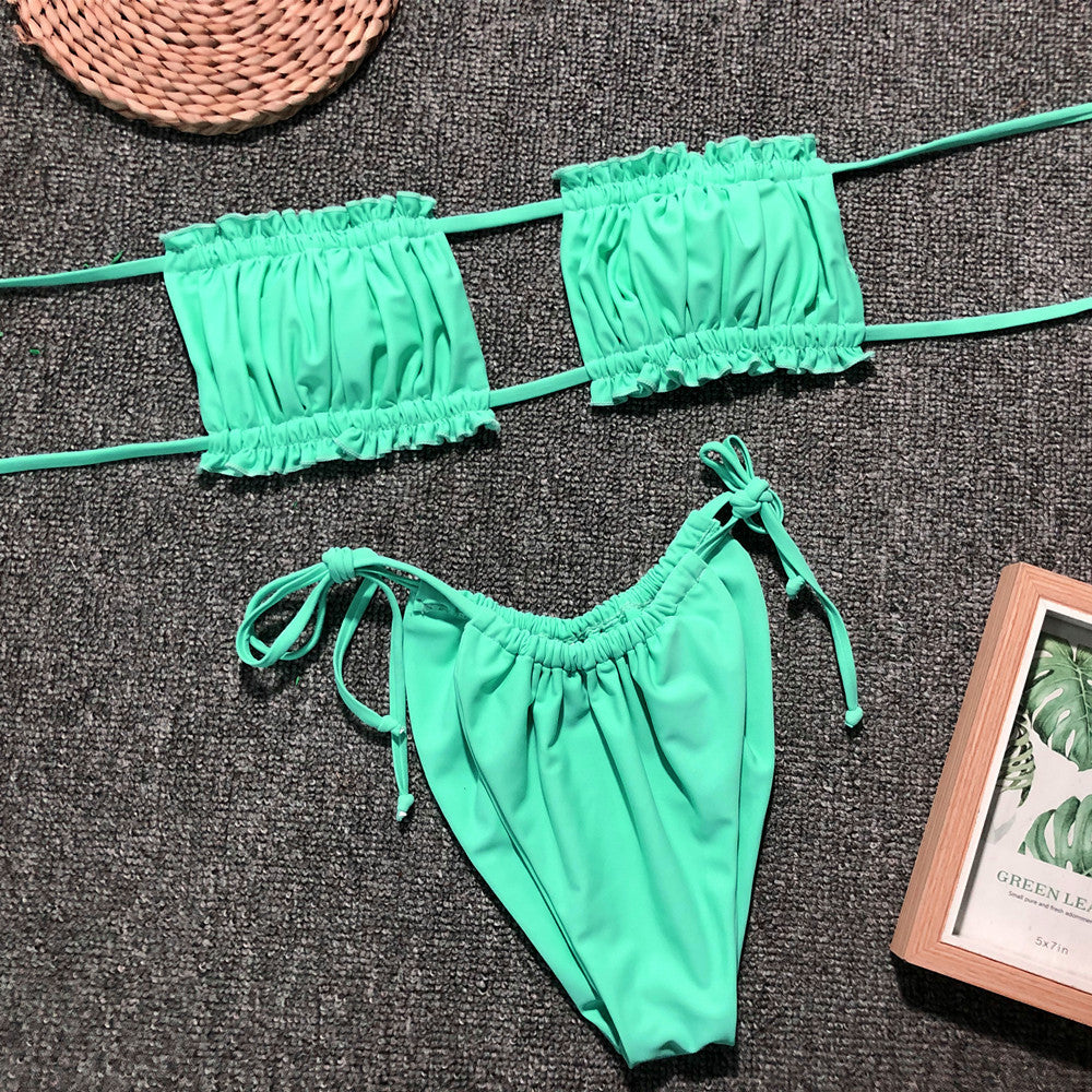 Ruched bikini set with flirty frill trim