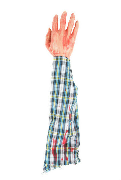Bloody Hand and Arm with Plaid Shirt Hang out of Trunk Halloween Gag Prop