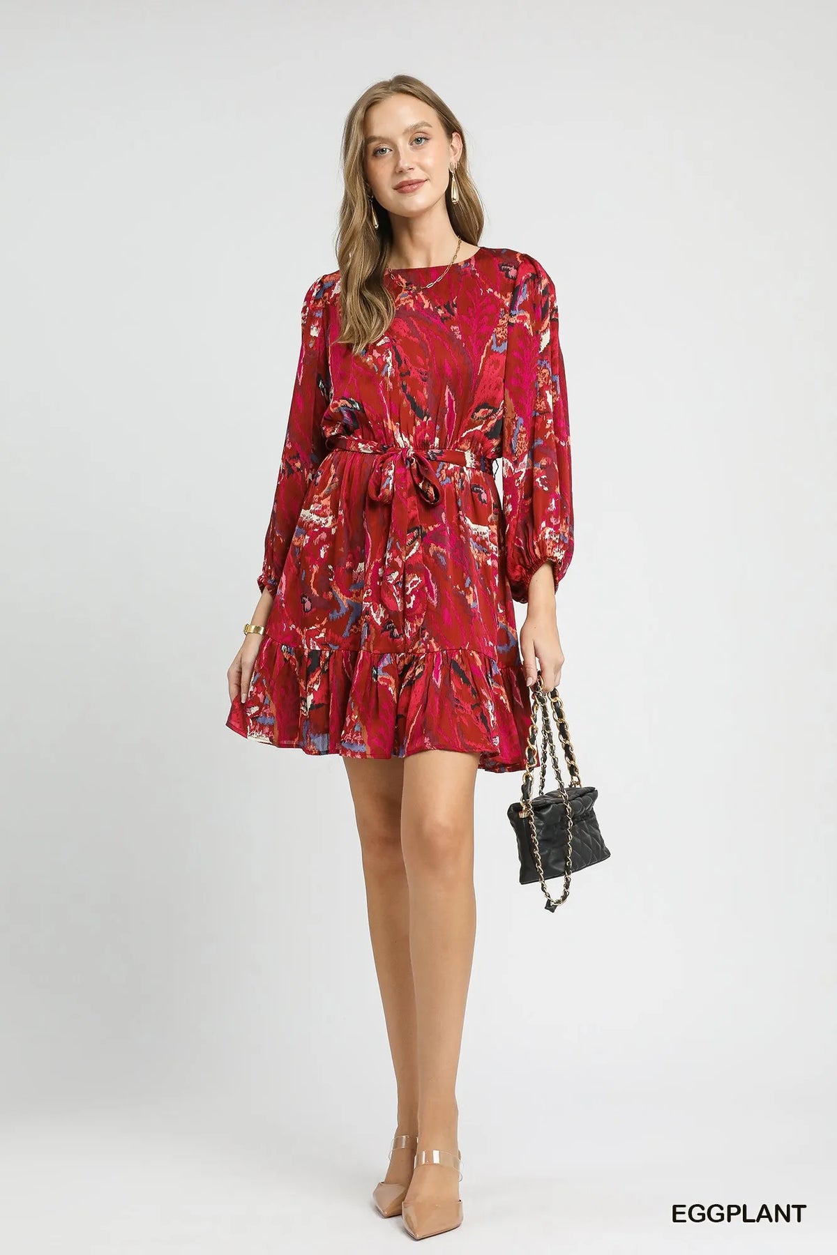 Umgee Ruffled Hem Printed Balloon Sleeve Dress