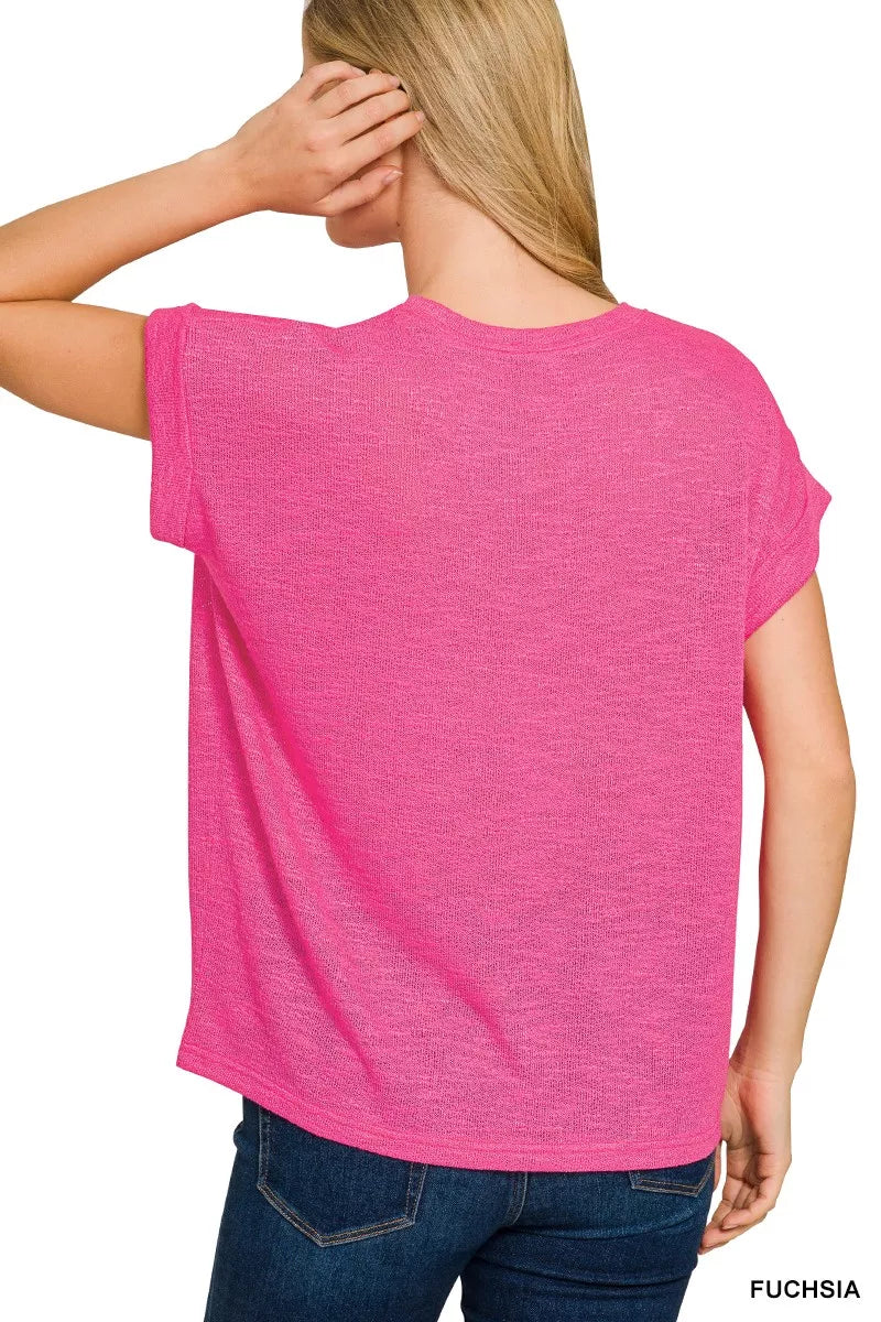 Zenana Hacci Slub Rolled Up Sleeve Tee