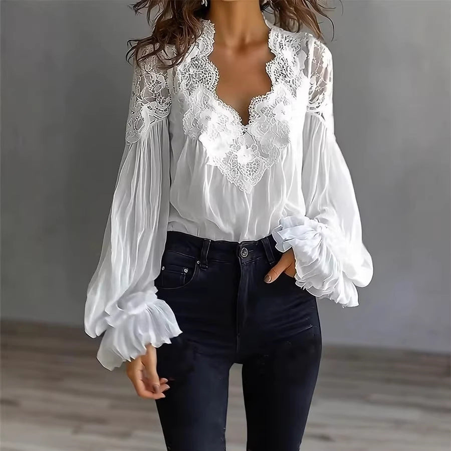 Womens Lace-Patchwork Ruffle-Shoulder Pleated Shirt