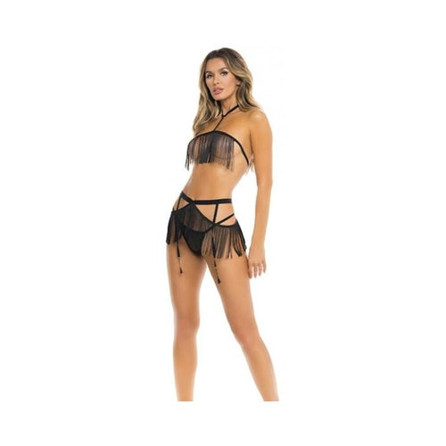 Black Tassel Fringe 3-Piece Lingerie Set by Rene Rofe