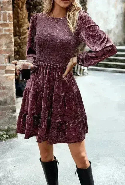 Long sleeve smocked velvet dress