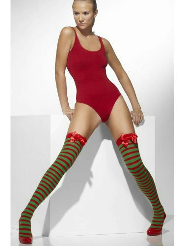 Red &amp; Green Opaque Striped Thigh Highs Hold-ups with Bow