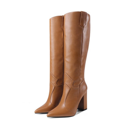 Knee High Boots Women High Heel Casual Shoes Pointed Toe Solid Color Autumn Winter Western Boots Women