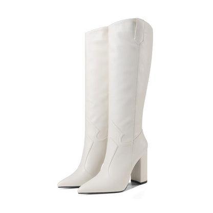 Knee High Boots Women High Heel Casual Shoes Pointed Toe Solid Color Autumn Winter Western Boots Women