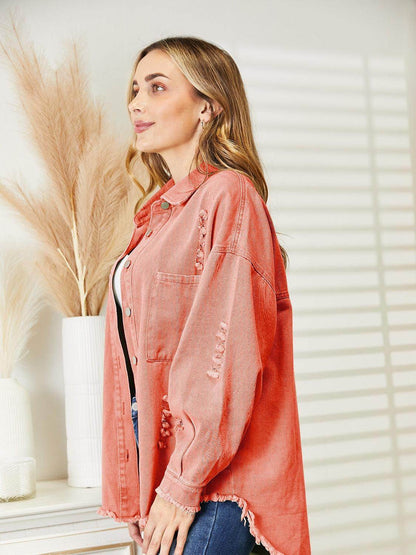 Distressed Raw Hem Denim Jacket for Relaxed Fit Style