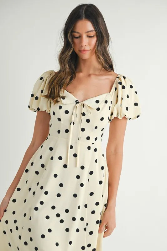 MABLE Polka Dot Puff Sleeve Midi Dress