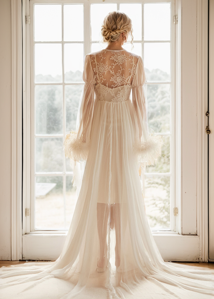 Ethereal Lace &amp; Feather-Trimmed Sheer Bridal Robe – Vintage Luxury Loungewear
