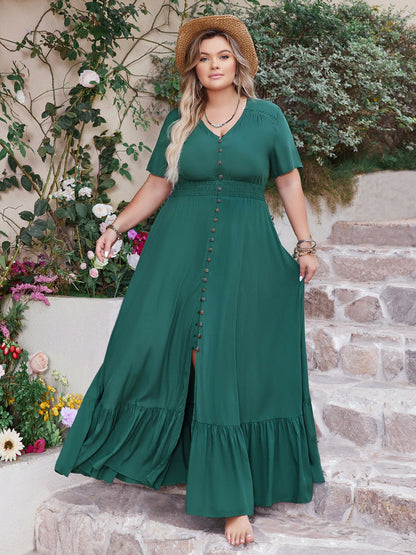 Button Detail V-Neck Short Sleeve Maxi Dress