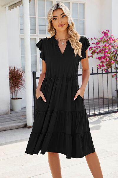 Ruched Notched Cap Sleeve Dress with Pockets and Stretch
