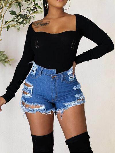 Distressed Raw Hem Denim Shorts with Pockets for Women