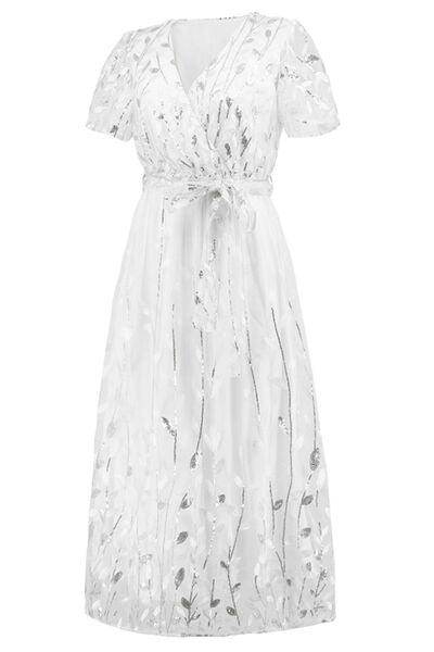 Sequin Leaf Embroidery Tie Front Short Sleeve Dress for Women