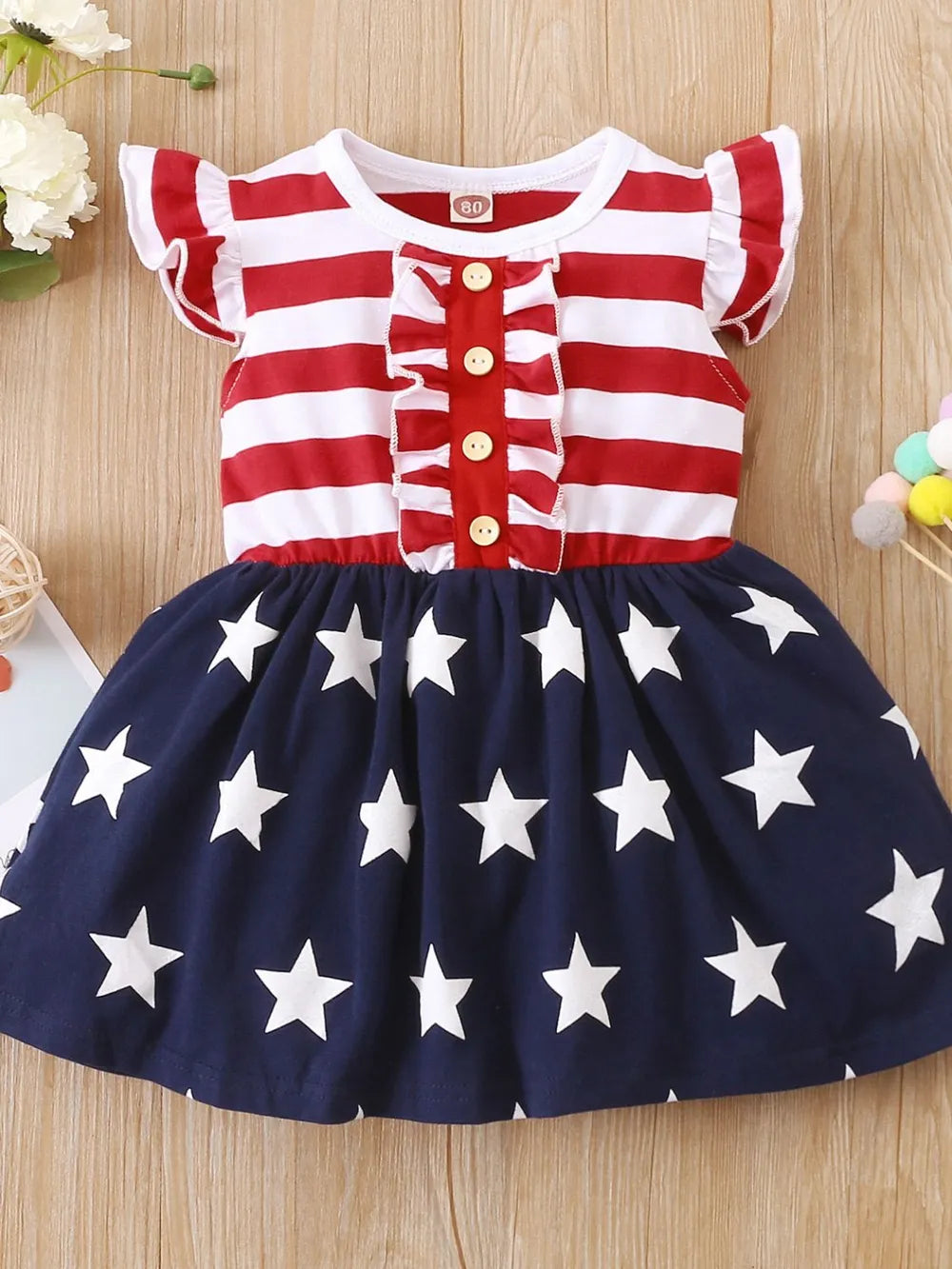 Striped &amp; Stars Ruffled Round Neck Cap Sleeve Dress