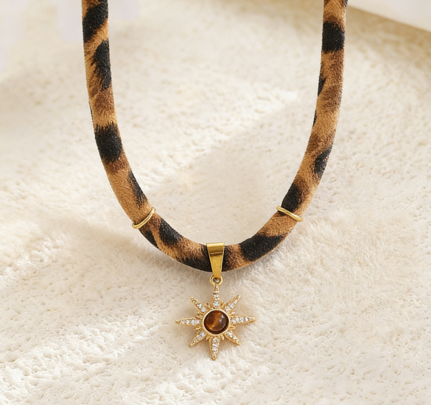 Leopard Print Ribbon Necklace with Sun &amp; Gecko Charms
