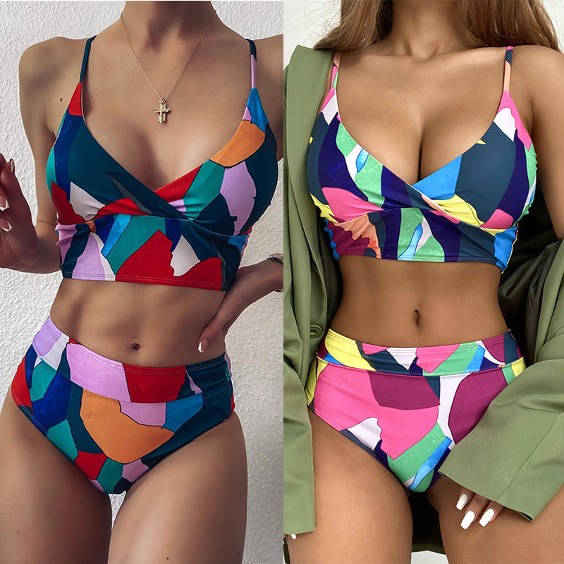 Geometric Colorful Bikini Sets Solid Color Ruffled Swimwear Bathing Suits 2 Piece Split Push Up Bandage Beachwear Women&