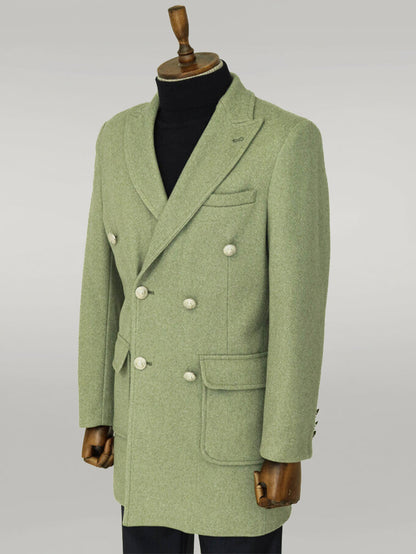 Metal Buttons Wool Cashmere Green Men Double Breasted Coat - Wessi