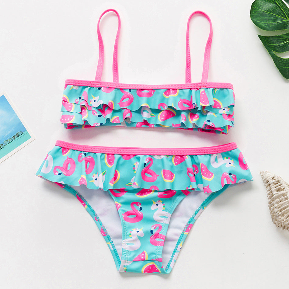 3-16Y Cartoon Two-piece Girls Swimwear Ruffle Swimsuit Bikini Set One Shoulder Beachwear Princess Two Piece Bathing Suit Children Swimwear Girls Swimsuit Bikini Set