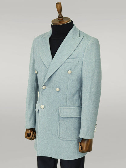 Metal Buttons Wool Cashmere Light Blue Men Double Breasted Coat - Wessi