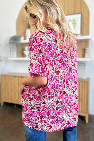 Double Take Full Size Printed V-Neck Short Sleeve Blouse