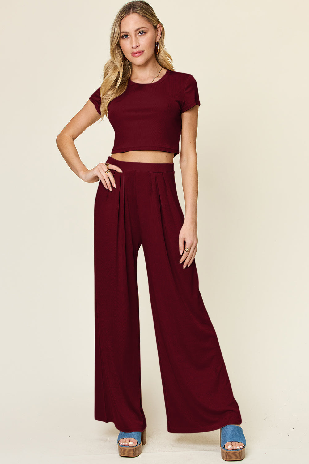 Slightly Stretchy Round Neck Top &amp; Pants Set