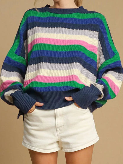 Rainbow Striped Crew Neck Drop Shoulder Sweater